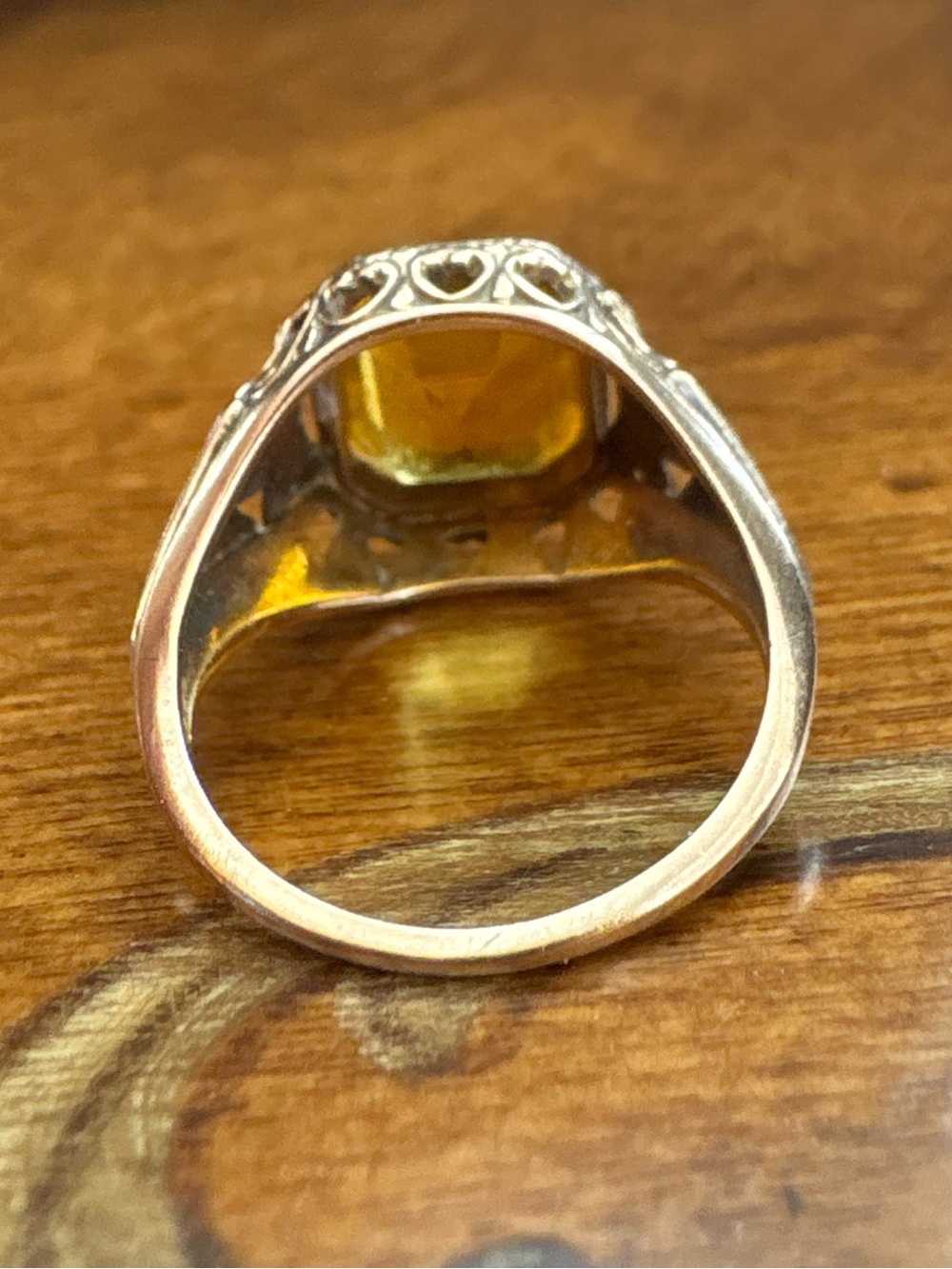 10K Yellow & Green Gold Filigree Ring art deco Orange Stone Vintage Size 5 - Picture 8 of 15